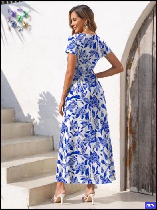 Floral Print Maxi Dress Casual V Neck Short Sleeve Flowy Sundress with Pockets - Picture 6 of 7